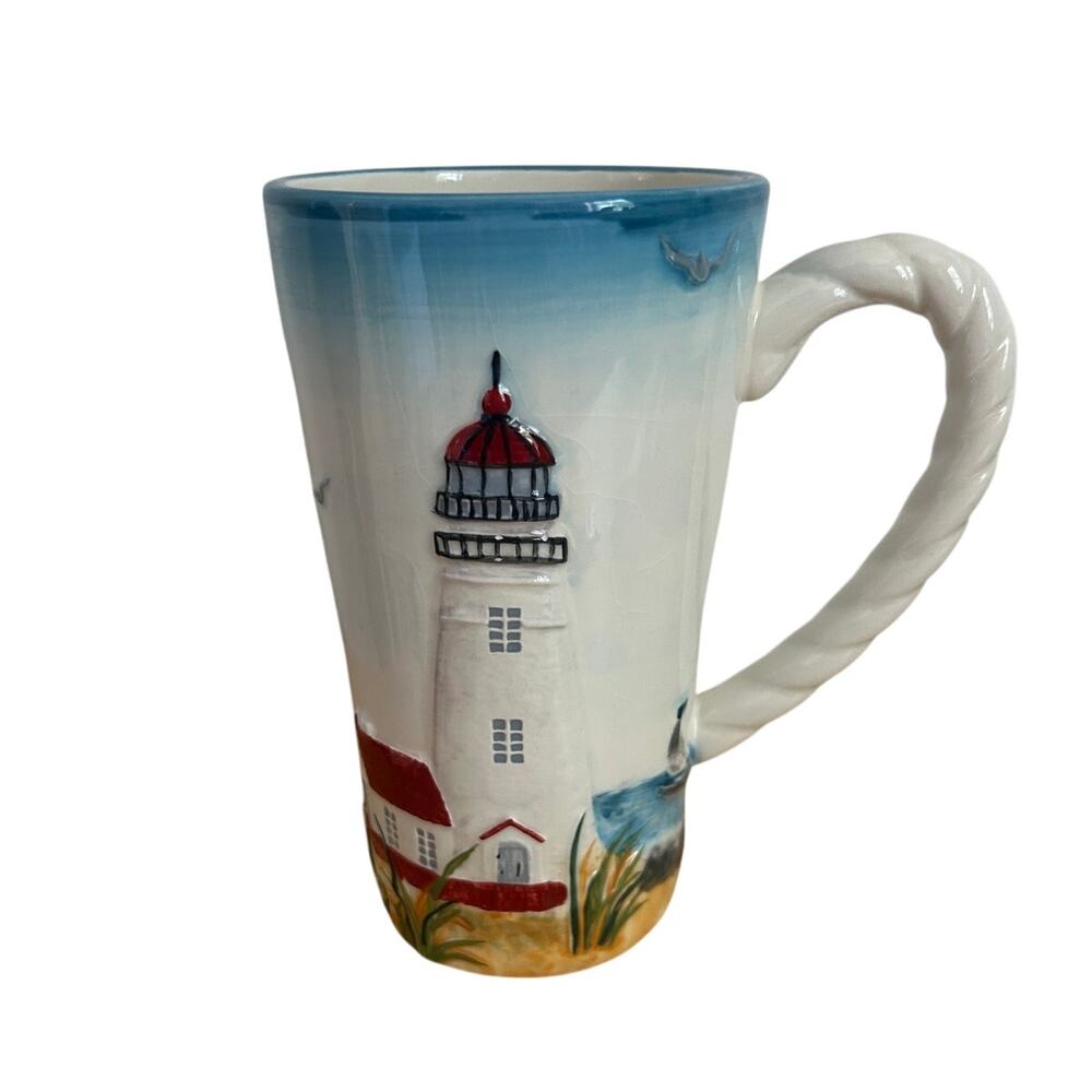 burton + BURTON Coastal Light Lighthouse Mug Hand‑Painted Nautical Rope Handle